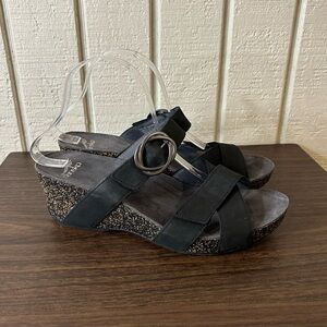 Dansko Susie Milled Black Nubuck Slide On Wedge Sandal, size 41.